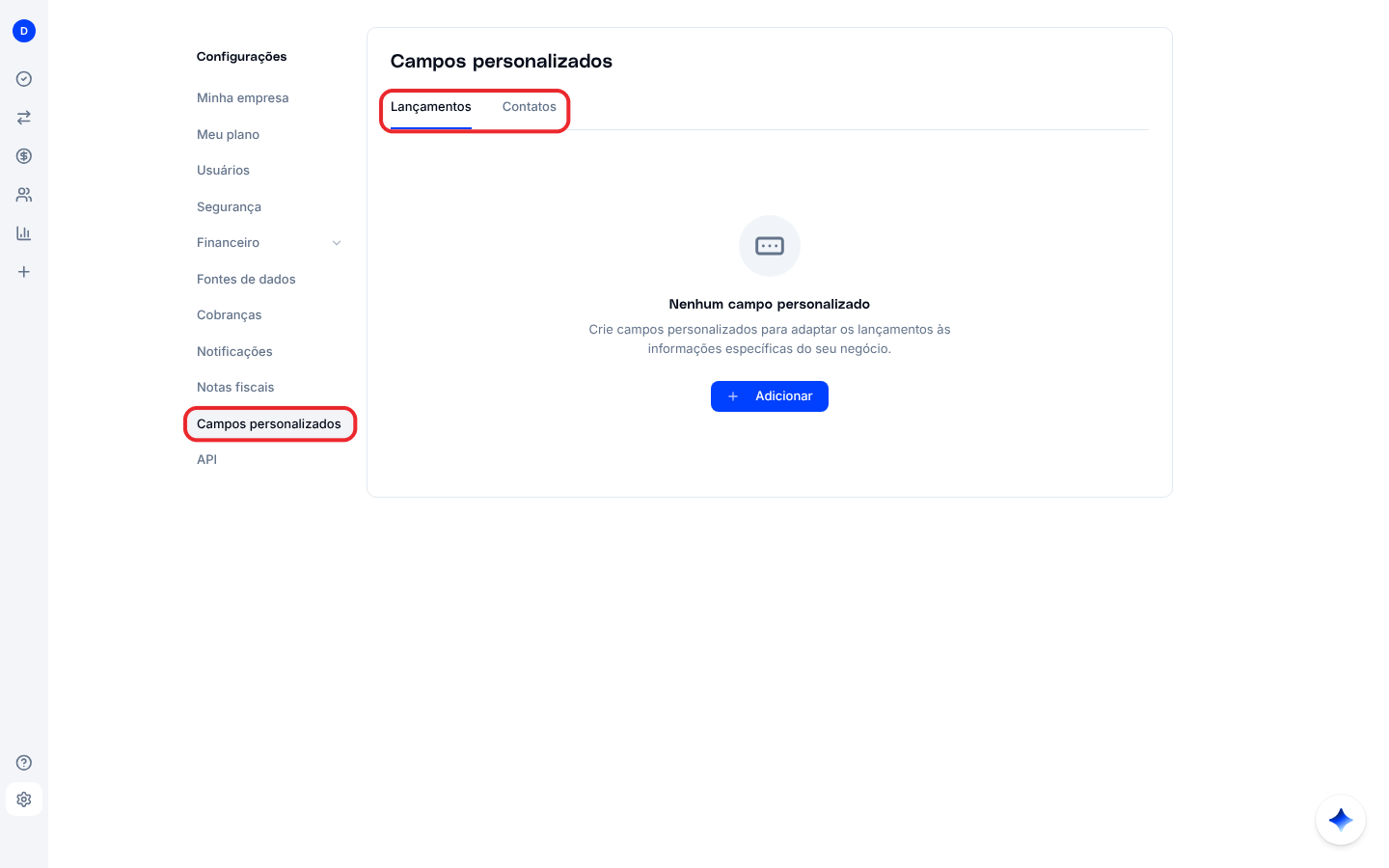 Tela Campos personalizados com as abas Lançamentos e Contatos