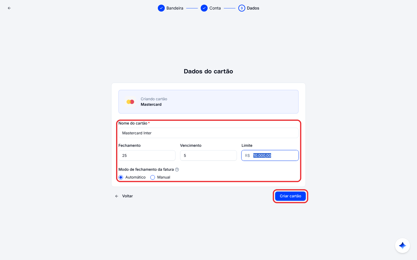 Passo Dados do cartão, com nome, fechamento, vencimento, limite e modo de fechamento