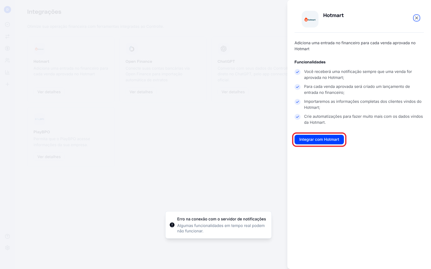 Painel da integração com a Hotmart, com as funcionalidades e o botão Integrar com Hotmart