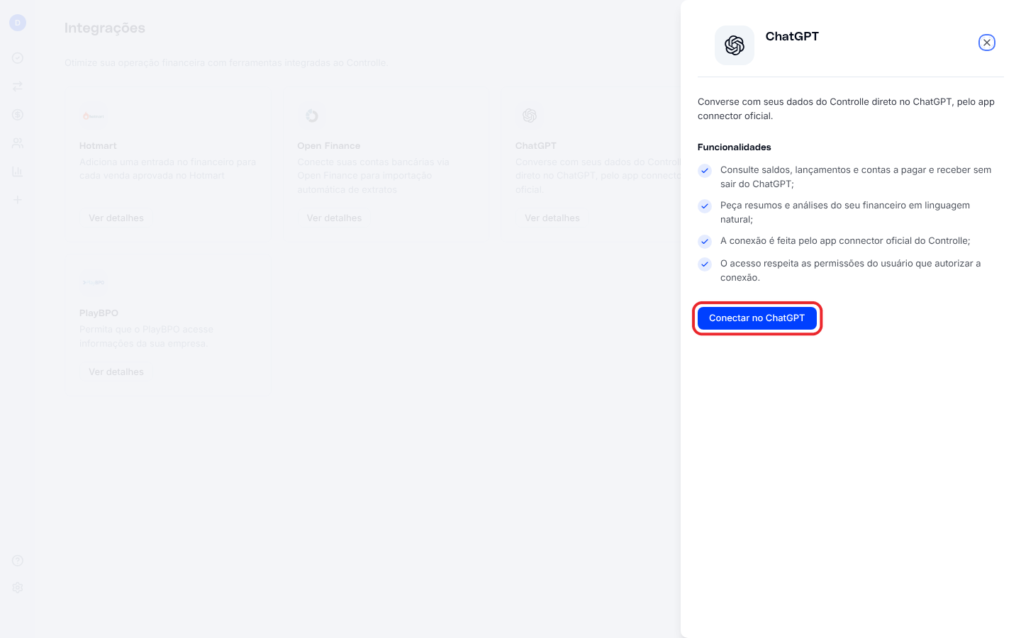 Painel da integração com o ChatGPT, com as funcionalidades e o botão Conectar no ChatGPT