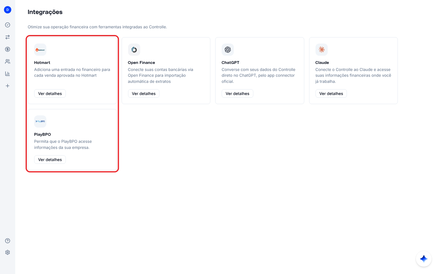 Tela Integrações com Hotmart, Open Finance, ChatGPT, Claude e PlayBPO