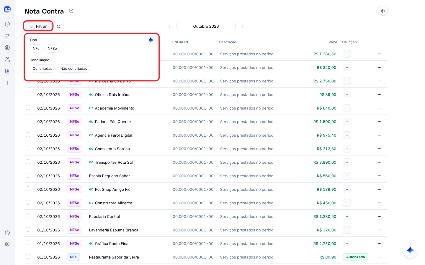 Painel de filtros do Radar de notas com tipo, conciliação e Filtrar com IA