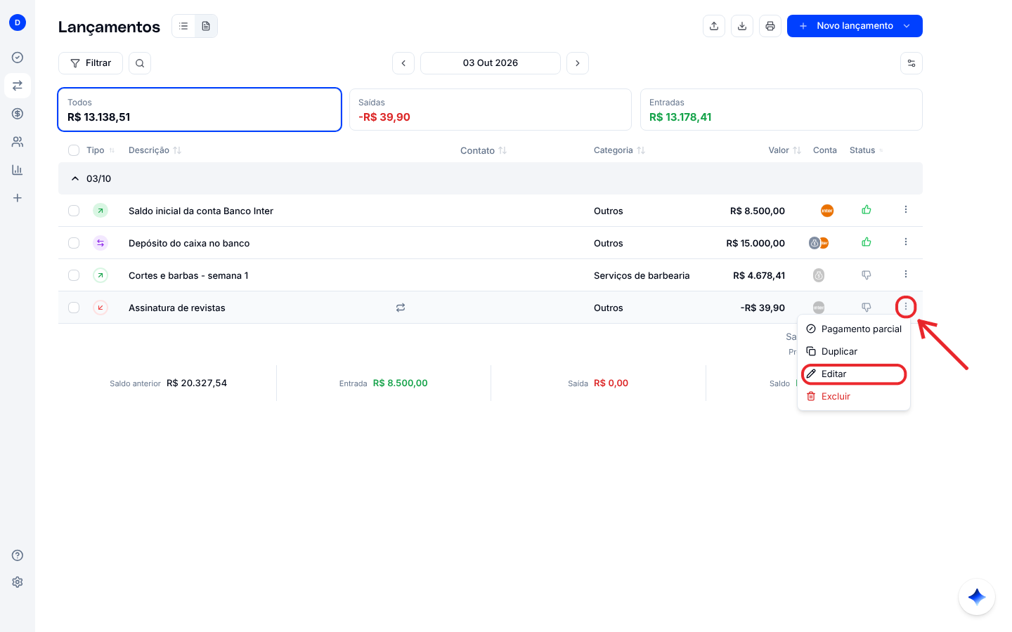 Menu de três pontos de um lançamento, com as opções Pagamento parcial, Duplicar, Editar e Excluir