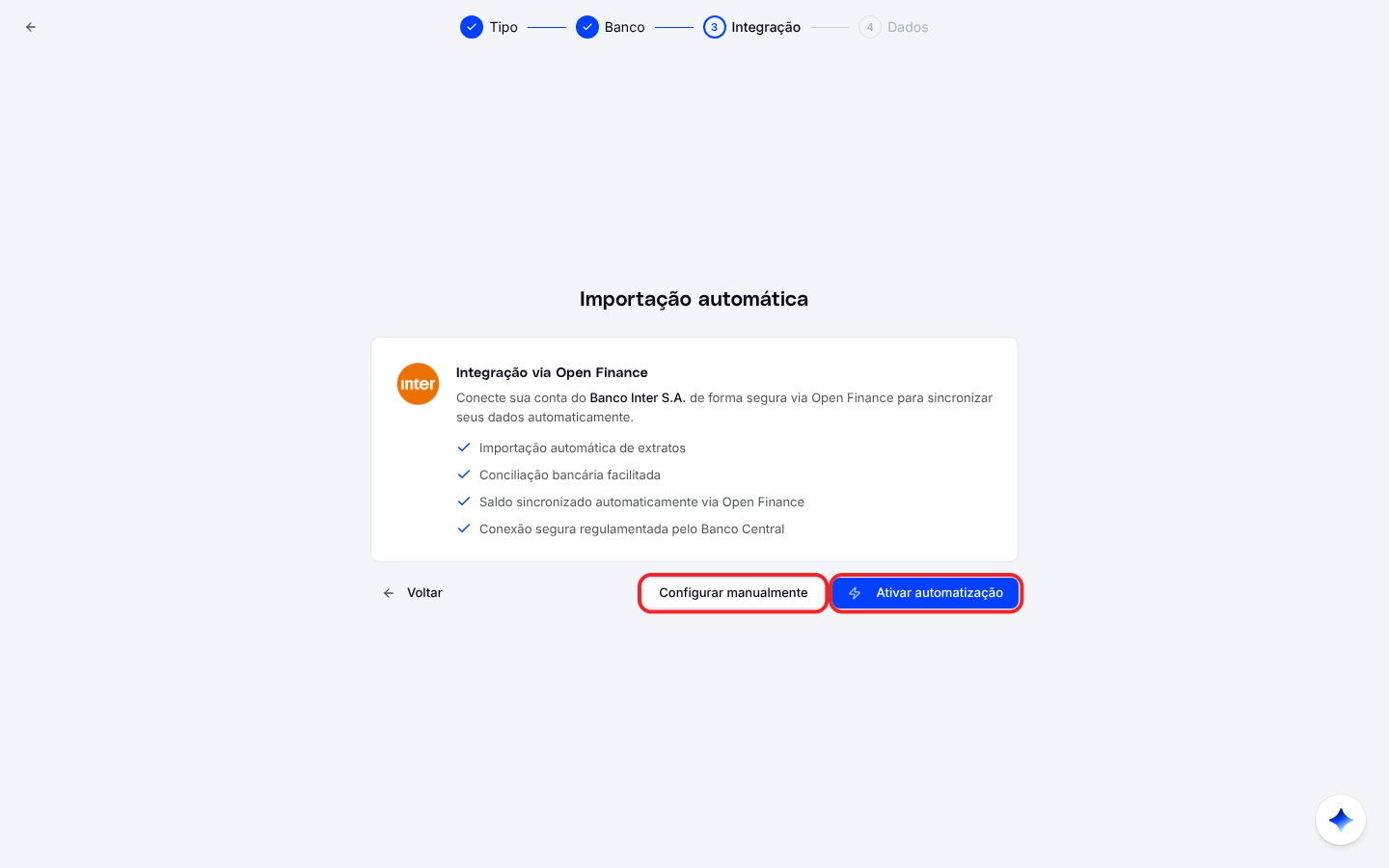 Passo de integração via Open Finance, com os botões Configurar manualmente e Ativar automatização