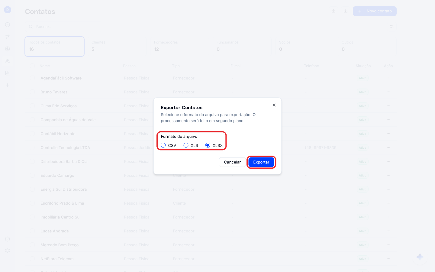 Janela Exportar Contatos com as opções de formato
