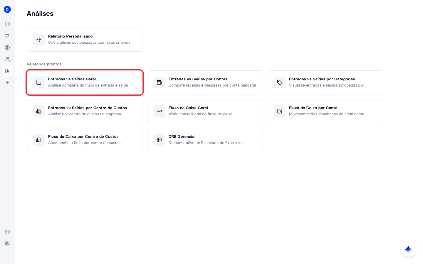 Tela Análises com o relatório personalizado e os relatórios prontos