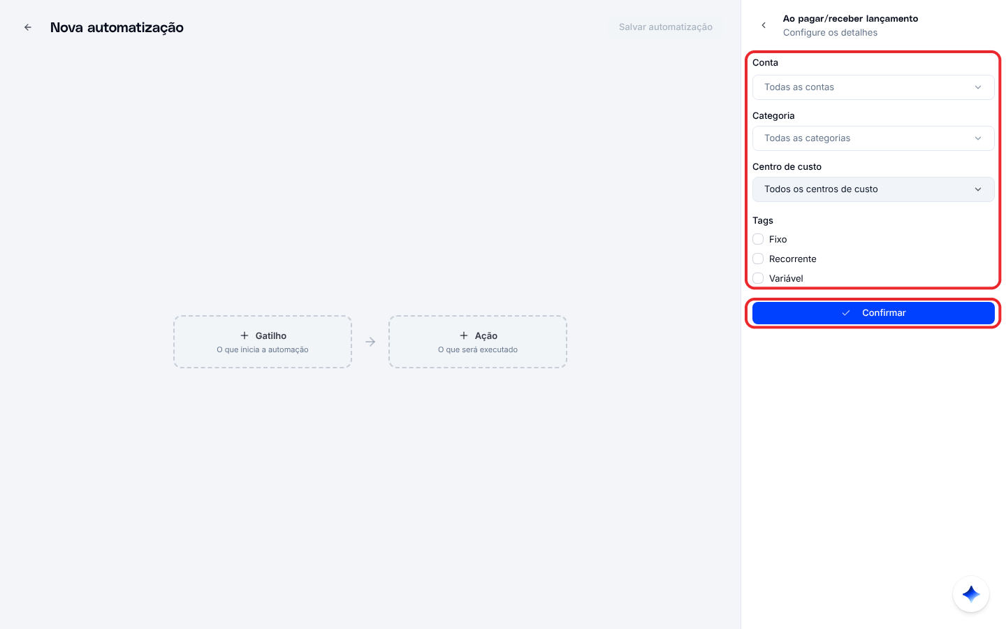 Configuração dos detalhes do gatilho Ao pagar ou receber lançamento, com conta, categoria, centro de custo e tags