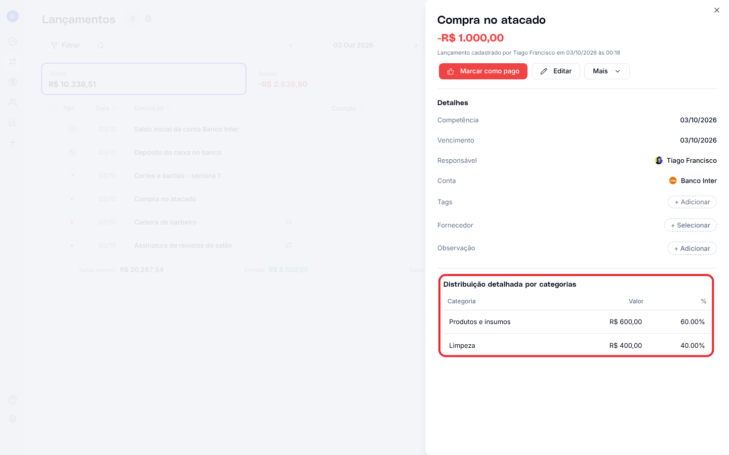 Painel de detalhes com a distribuição do lançamento por categorias
