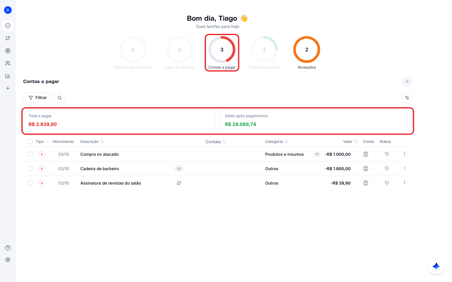 Lista Contas a pagar em Minhas Tarefas, com total a pagar e saldo após pagamentos