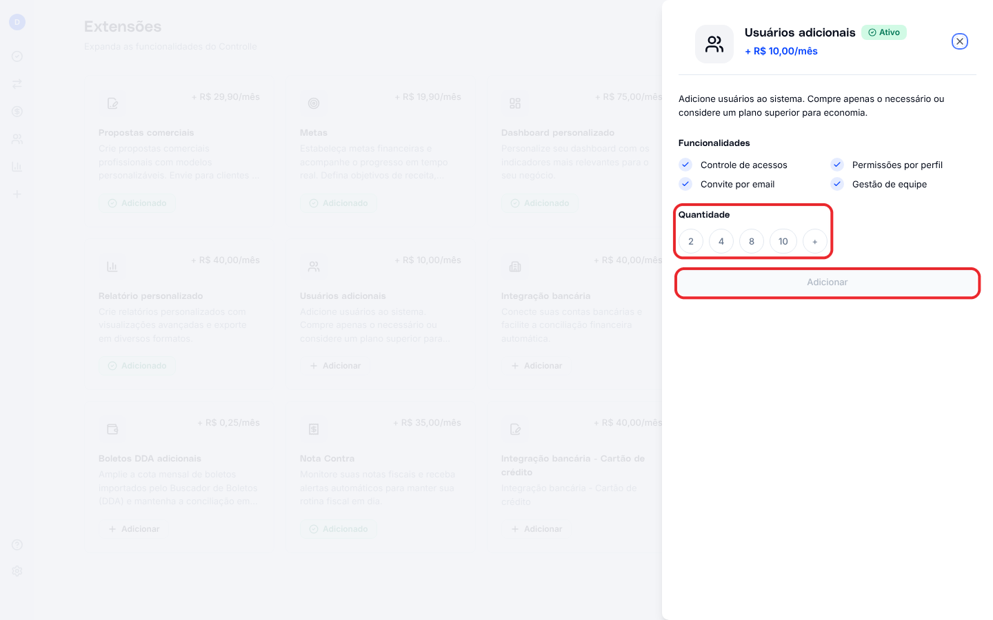 Painel para adicionar a extensão Usuários adicionais, com a escolha de quantidade