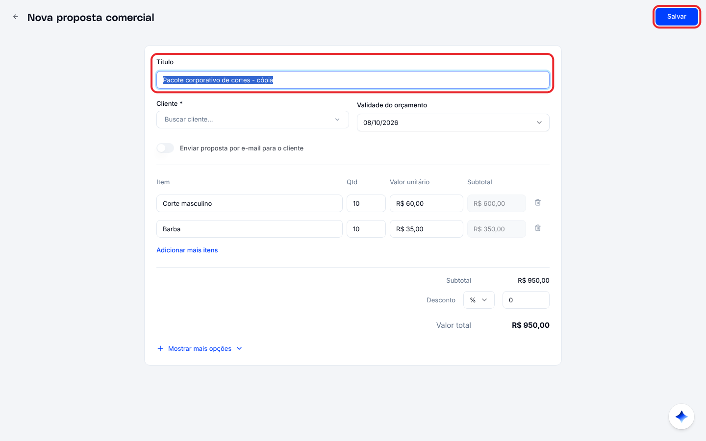 Formulário de nova proposta preenchido com os dados da proposta duplicada