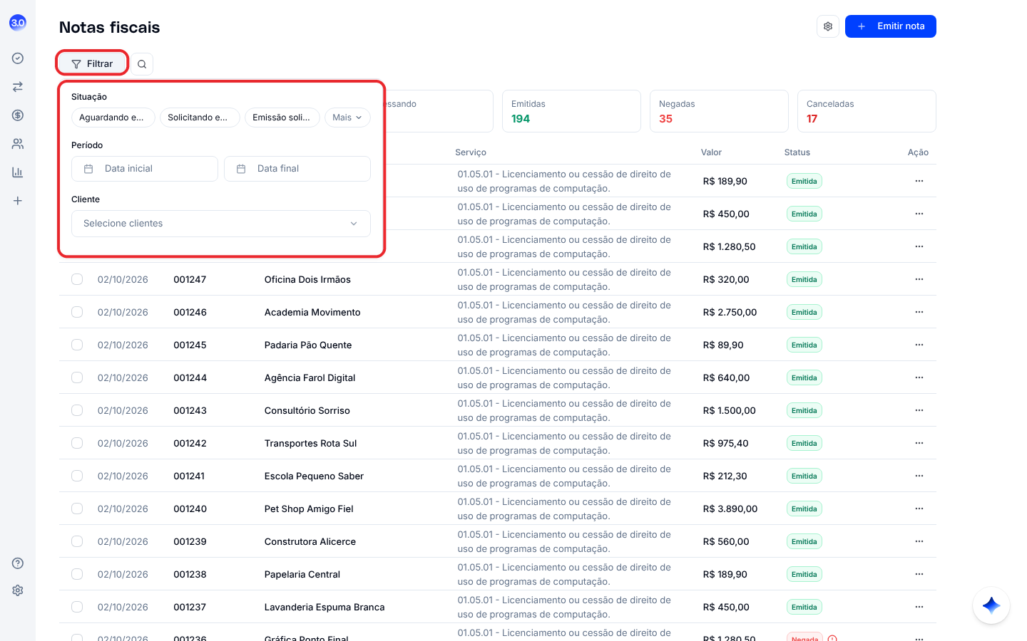 Painel de filtros das notas fiscais com situação, período e cliente