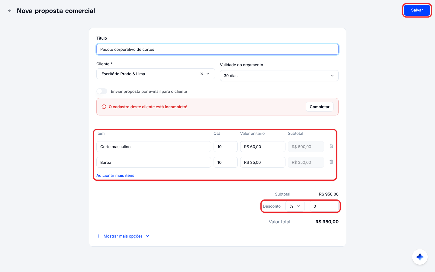 Formulário Nova proposta comercial com título, cliente, validade, itens, desconto e valor total