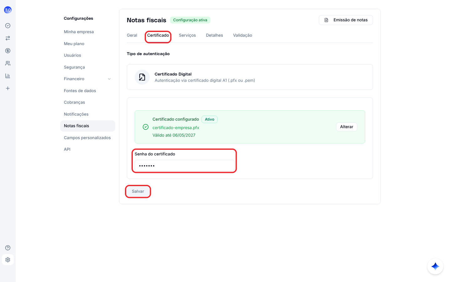 Aba Certificado com o certificado configurado, a data de validade, o botão Alterar e o campo de senha
