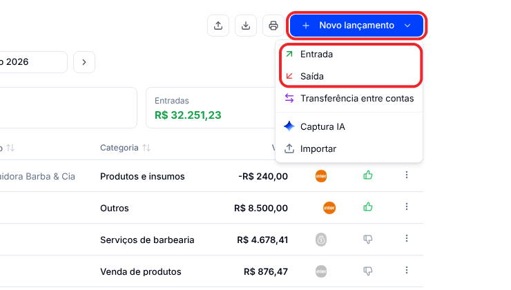 Menu do botão Novo lançamento, com as opções Entrada, Saída, Transferência entre contas, Captura IA e Importar