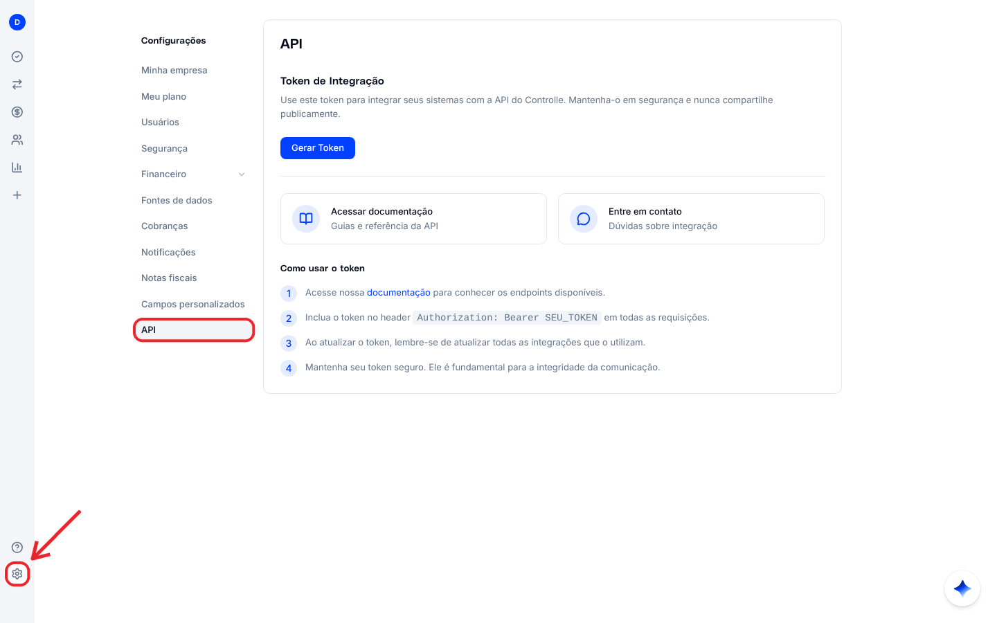 Tela API com o Token de Integração, os links de documentação e contato e as instruções de uso