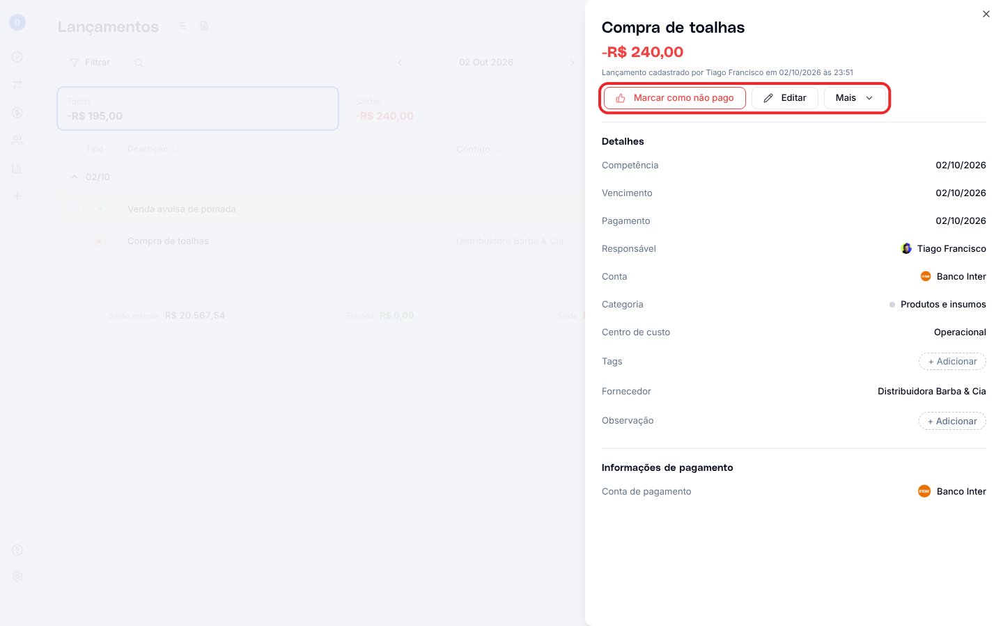Painel de detalhes de um lançamento, com os botões Marcar como não pago, Editar e Mais