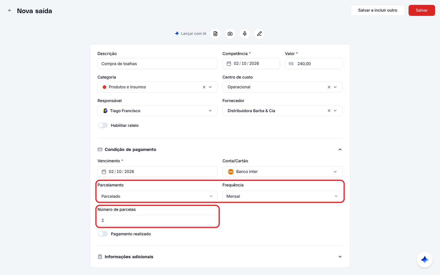 Opção Parcelado selecionada, com os campos Frequência e Número de parcelas