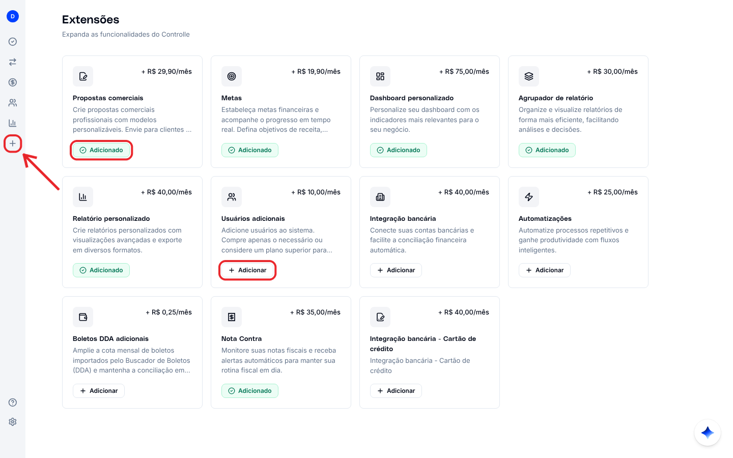Tela Extensões com os cartões de cada extensão, o valor mensal e a situação