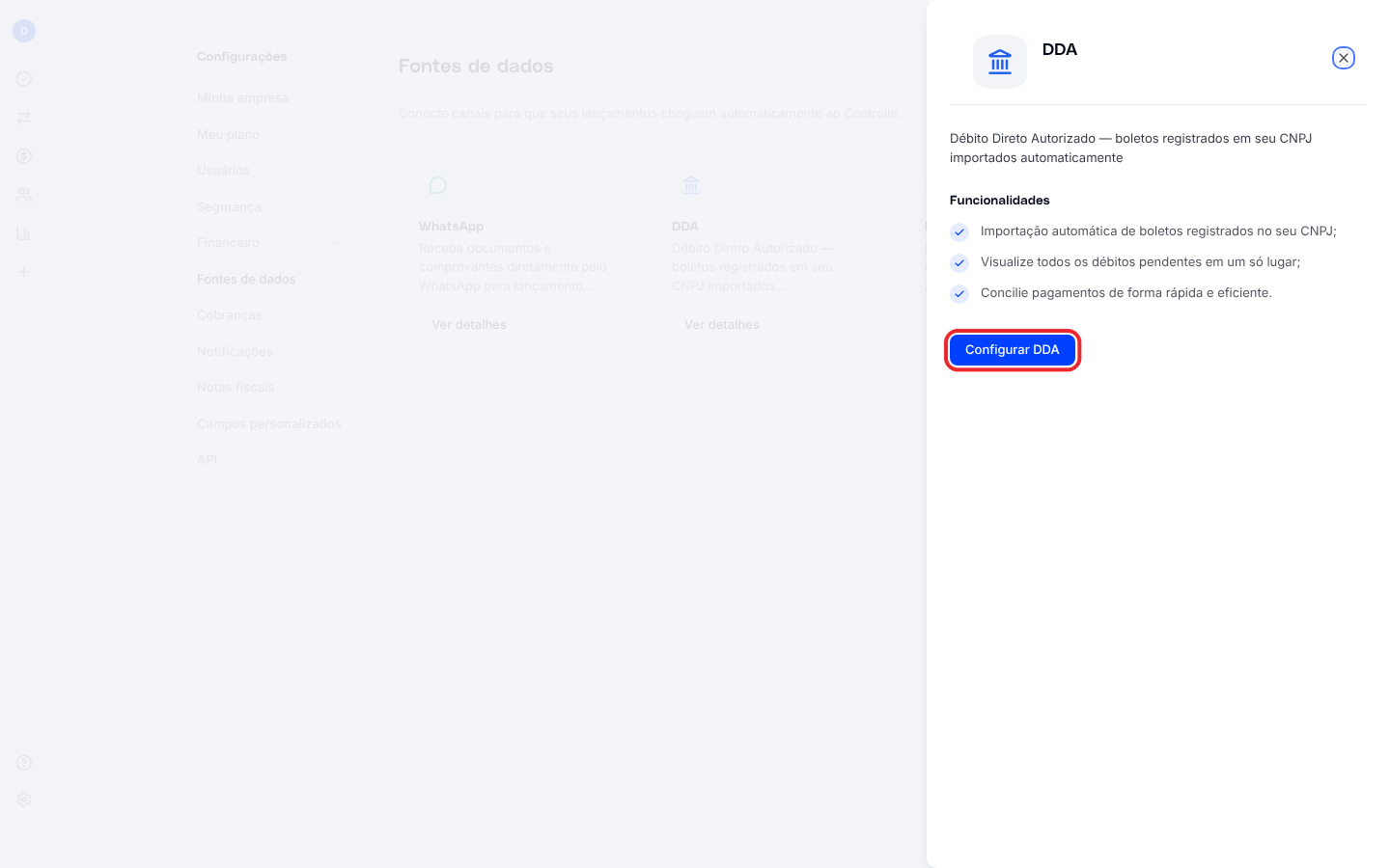 Painel da fonte de dados DDA com as funcionalidades e o botão Configurar DDA