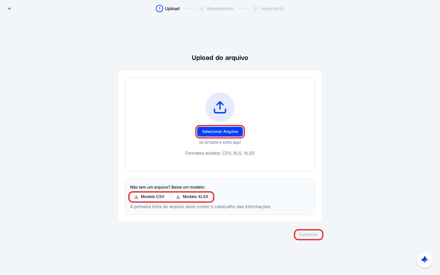 Primeiro passo da importação de contatos, com a área de upload e os links do modelo