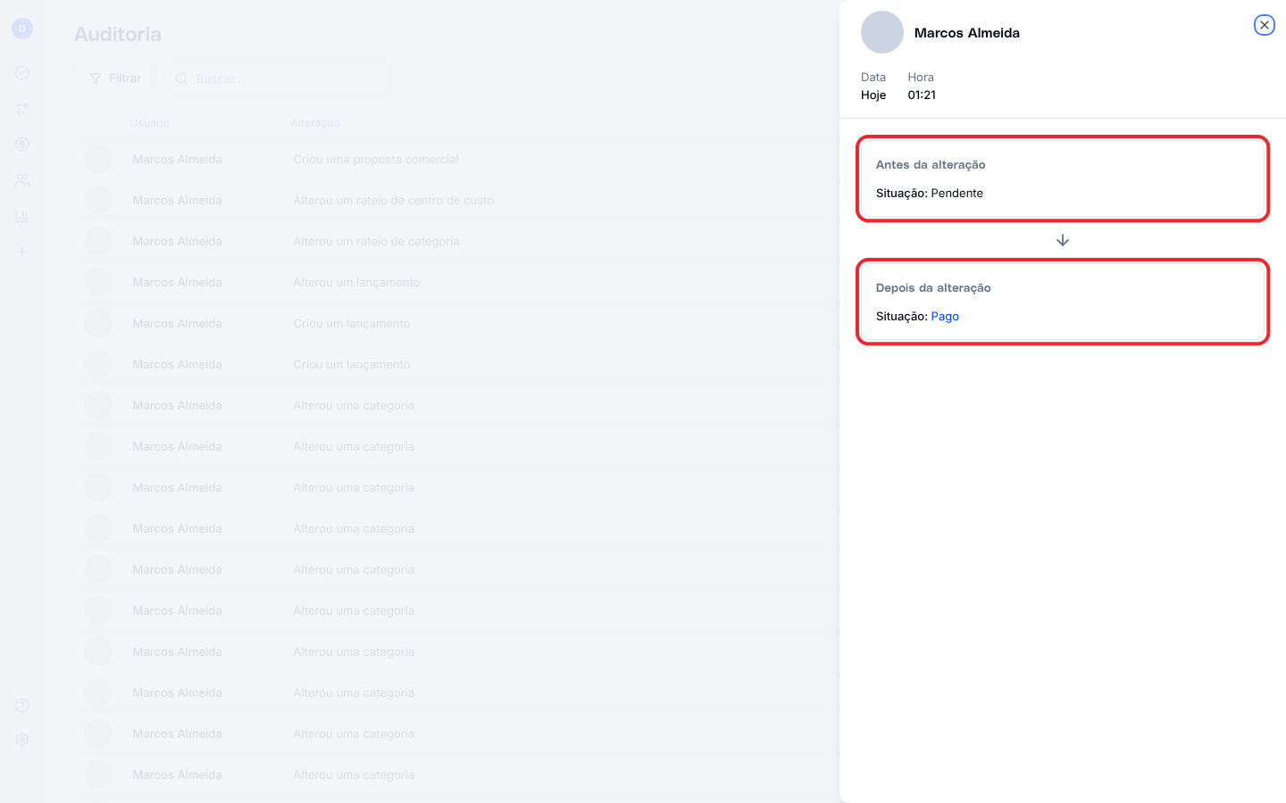 Painel de detalhes de uma alteração, com a situação antes e depois