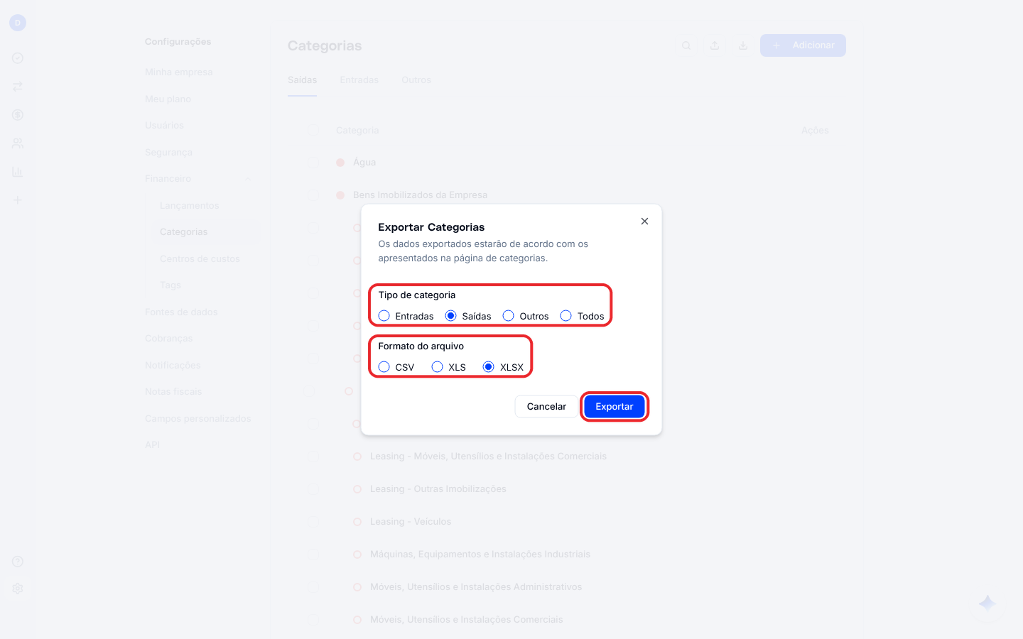 Janela Exportar Categorias com tipo de categoria e formato do arquivo