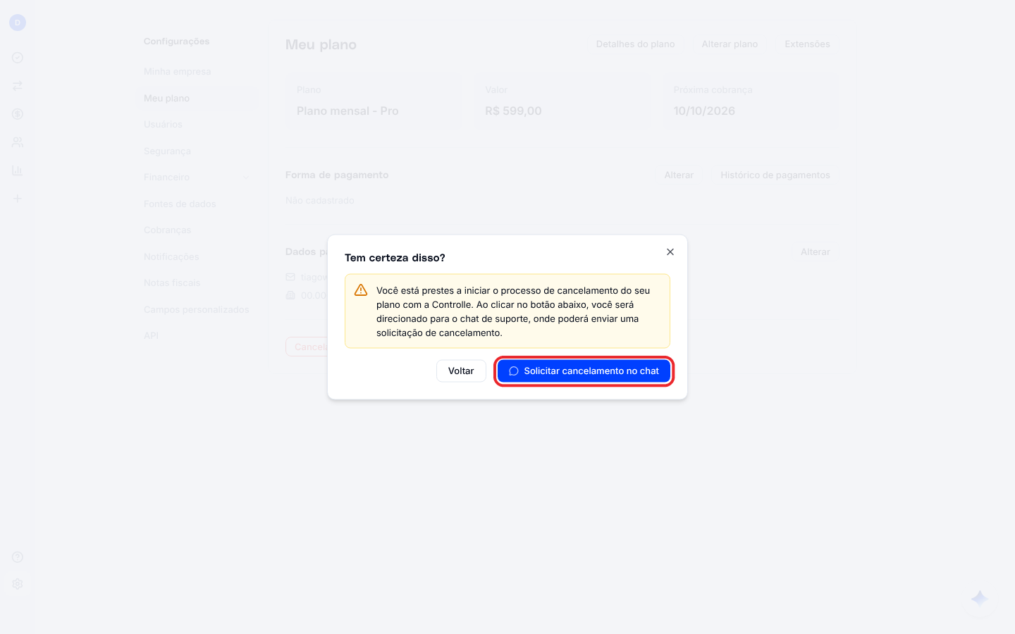Janela de cancelamento, com o botão Solicitar cancelamento no chat
