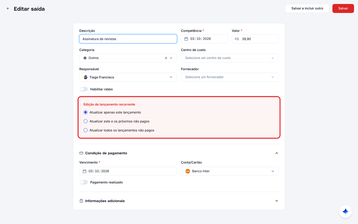 Página Editar saída com o quadro Edição de lançamento recorrente e as três opções de atualização