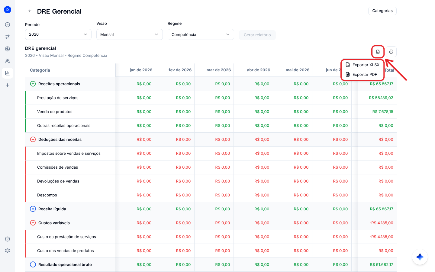 Menu de exportação de um relatório, com as opções Exportar XLSX e Exportar PDF