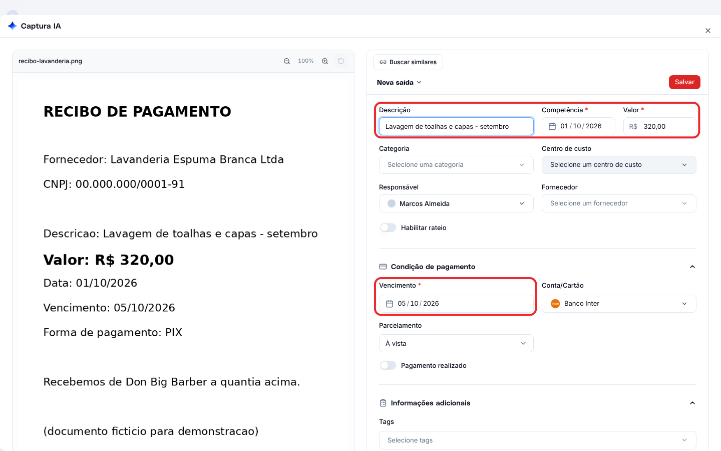 Captura IA com o recibo à esquerda e o formulário de nova saída preenchido à direita