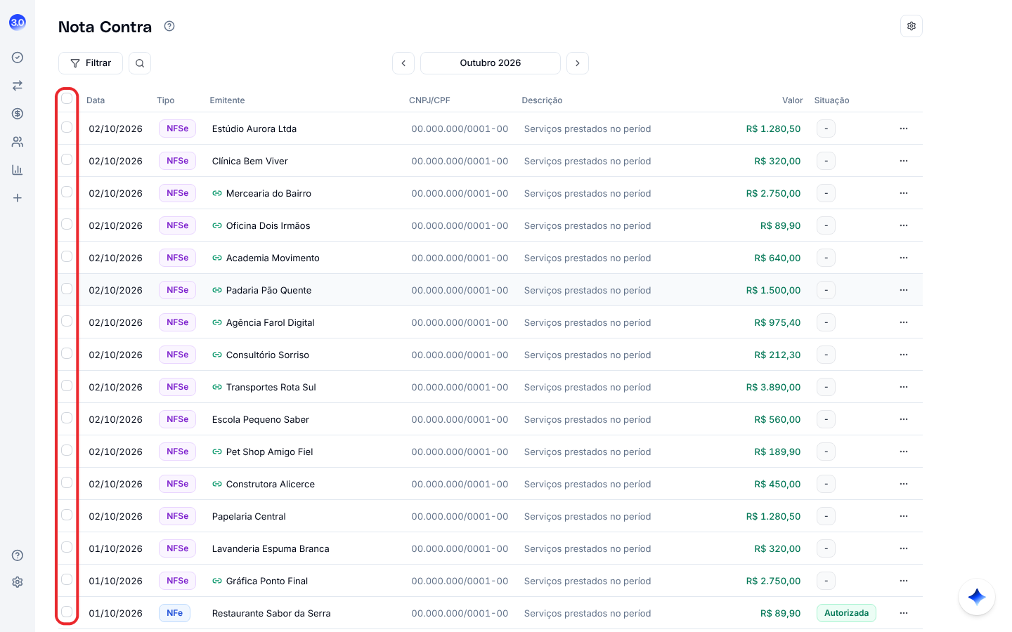 Tela Nota Contra com data, tipo, emitente, CNPJ, descrição, valor e situação de cada nota