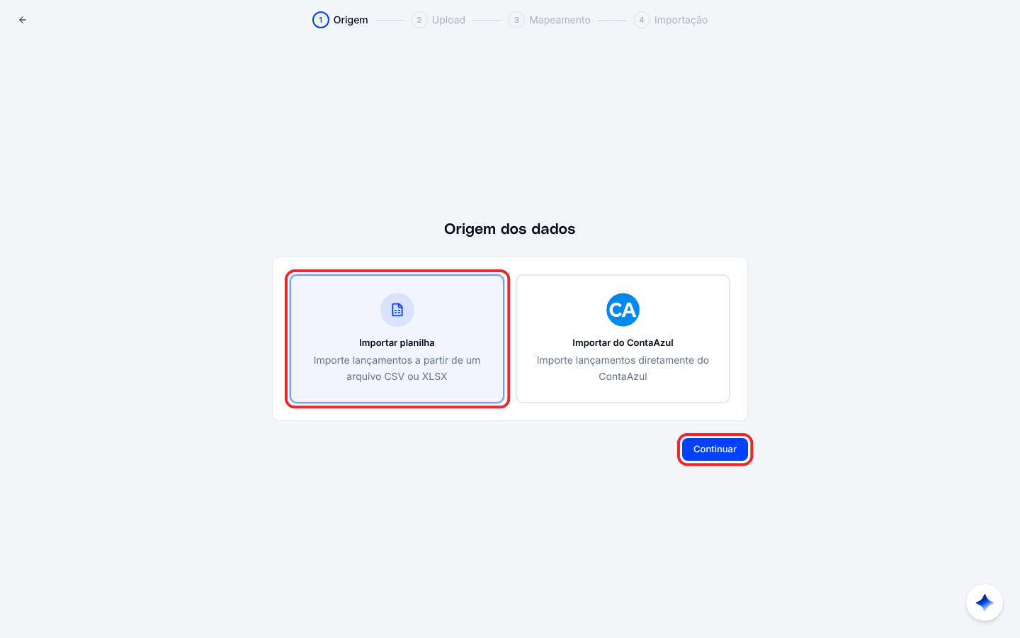 Passo Origem dos dados, com as opções Importar planilha e Importar do ContaAzul