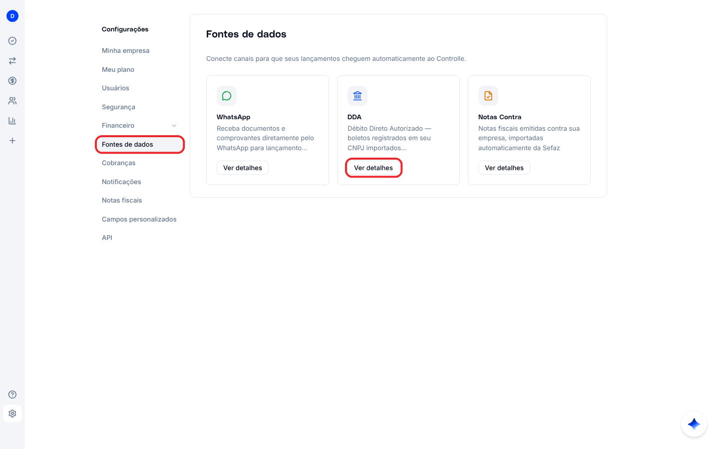 Tela Fontes de dados com WhatsApp, DDA e Notas Contra