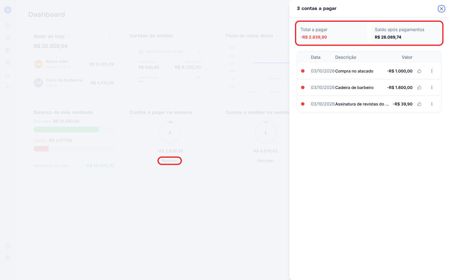 Lista de contas a pagar da semana aberta pelo botão Resolver, com total a pagar e saldo após pagamentos