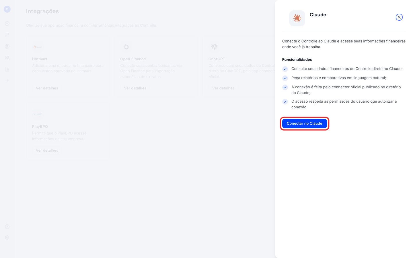 Painel da integração com o Claude, com as funcionalidades e o botão Conectar no Claude