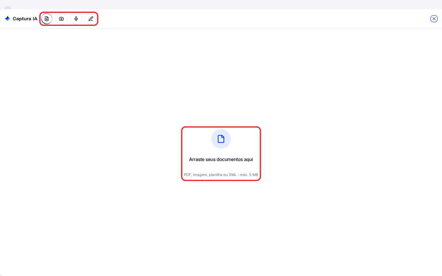 Tela inicial da Captura IA com a área para arrastar documentos