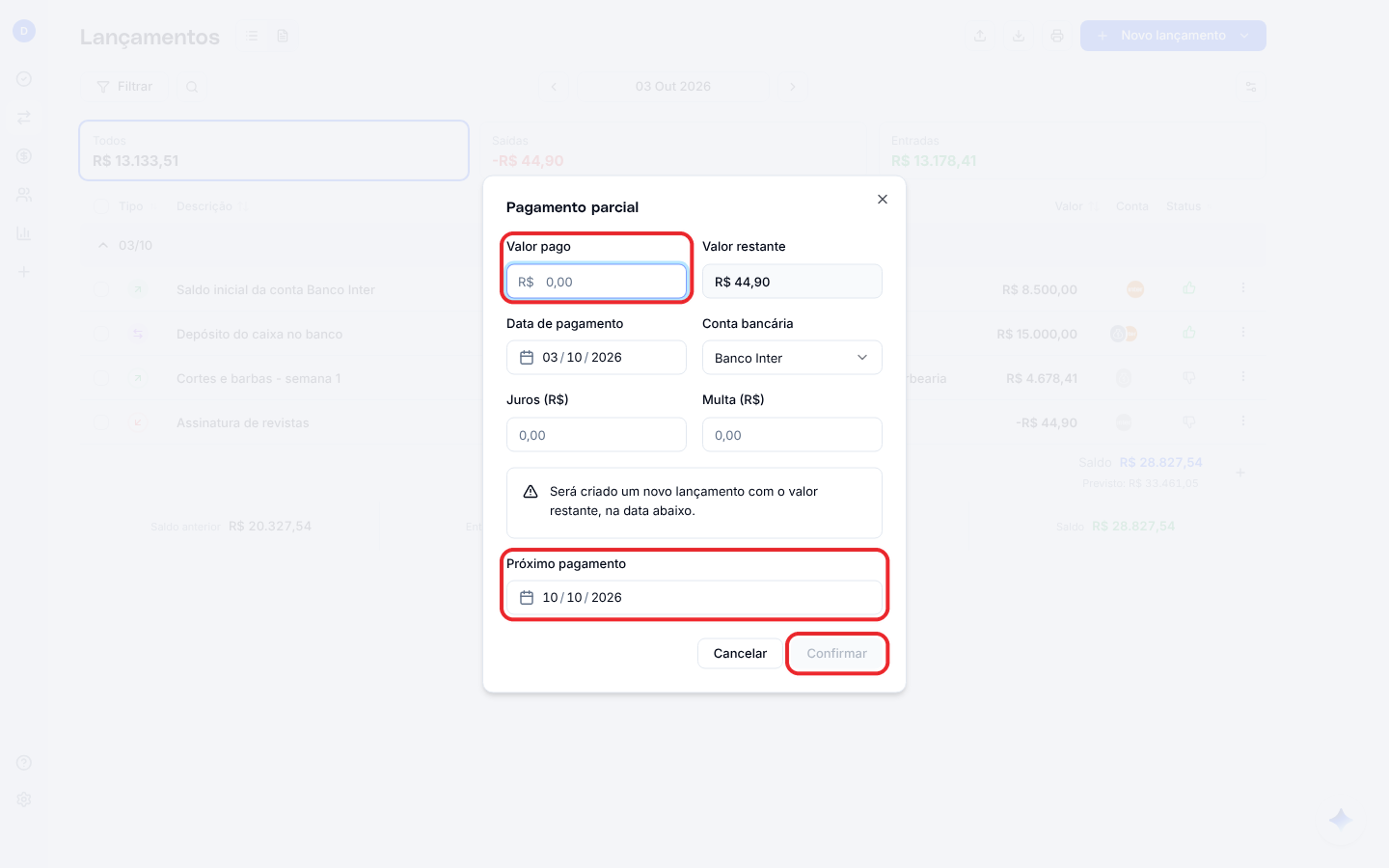 Janela Pagamento parcial, com valor pago, valor restante, data, conta, juros, multa e próximo pagamento