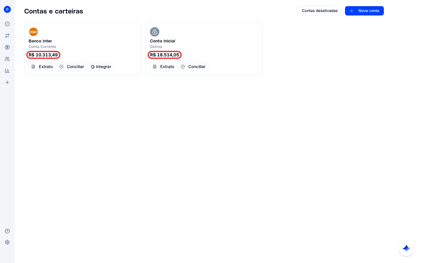 Tela Contas e carteiras com os saldos atualizados depois da transferência