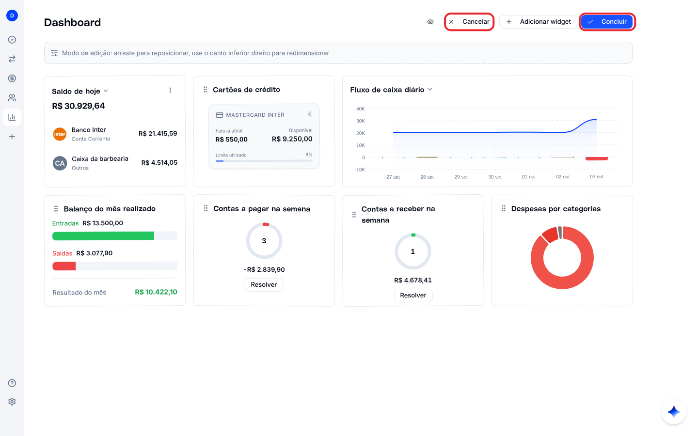 Dashboard em modo de edição, com os botões Cancelar, Adicionar widget e Concluir