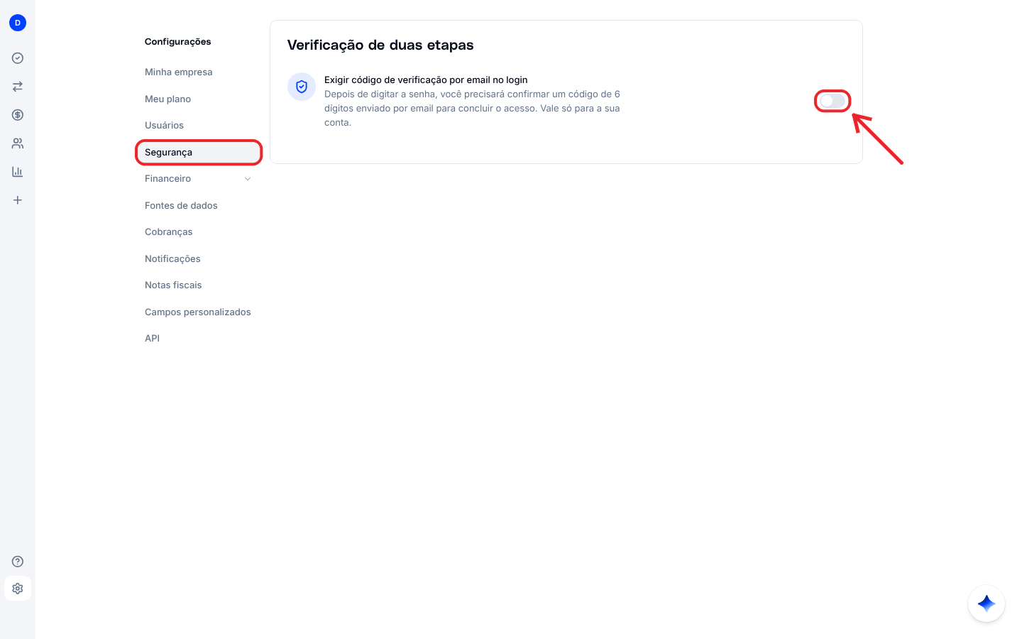 Tela Verificação de duas etapas com a opção de exigir código por e-mail no login