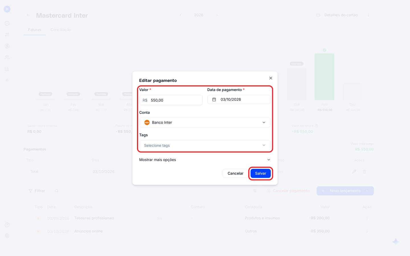 Janela Editar pagamento com valor, data de pagamento, conta e tags