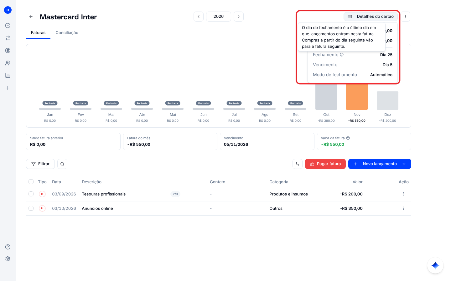 Painel Detalhes do cartão com limite, disponível, fechamento, vencimento e modo de fechamento