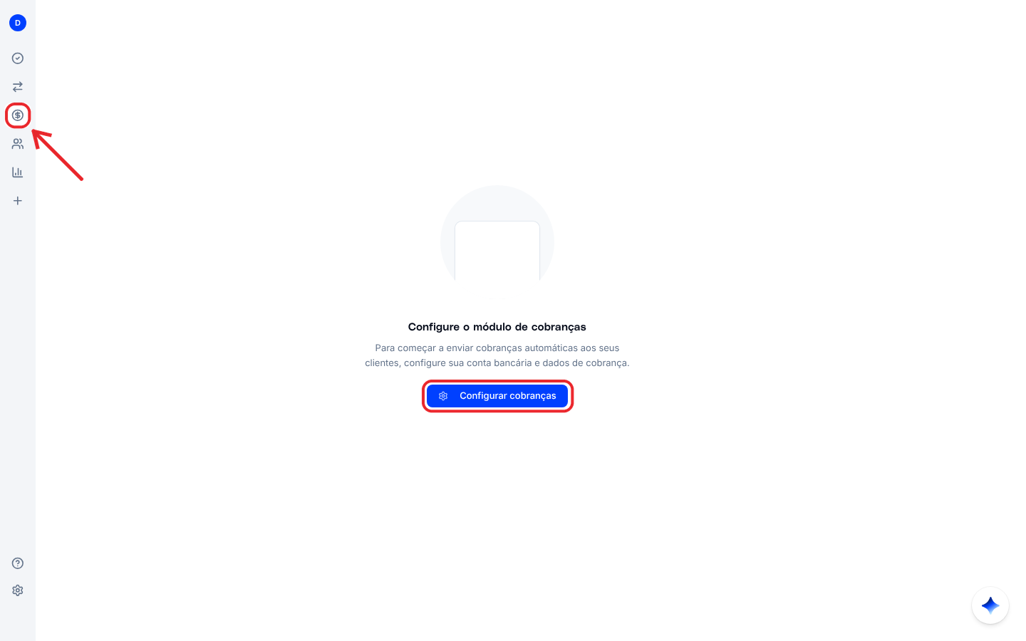Tela Cobranças antes da configuração, com o botão Configurar cobranças