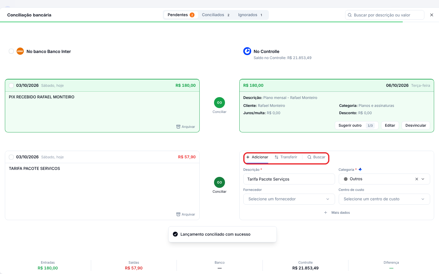 Opção Adicionar, com descrição e categoria preenchidas para criar o lançamento a partir da linha do banco