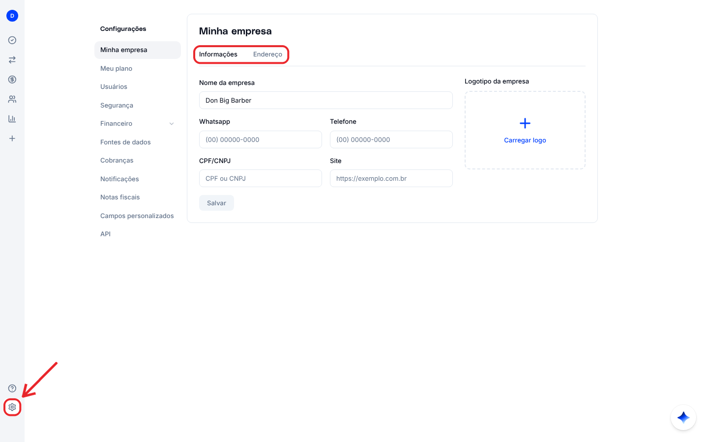Tela Minha empresa, aba Informações, com nome, WhatsApp, telefone, CPF ou CNPJ, site e logotipo