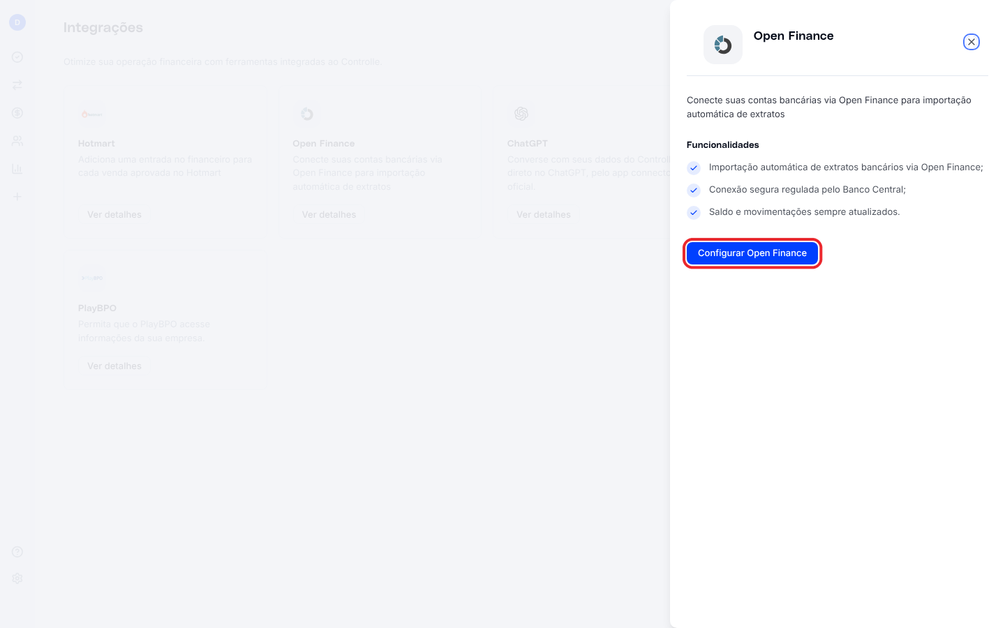 Painel da integração Open Finance com as funcionalidades e o botão Configurar Open Finance