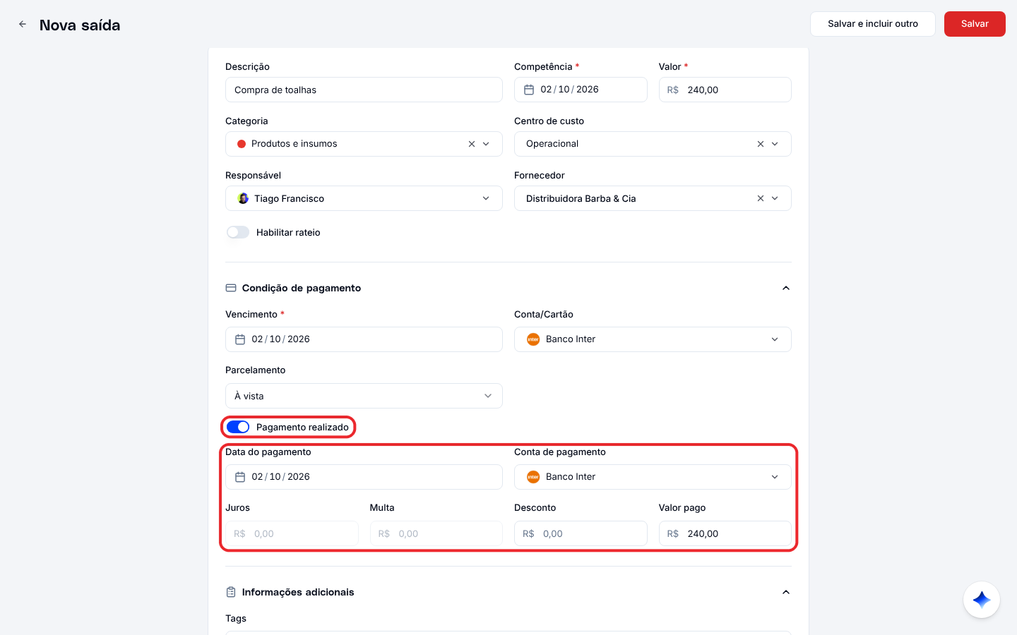 Opção Pagamento realizado ativada, com data, conta de pagamento, juros, multa, desconto e valor pago