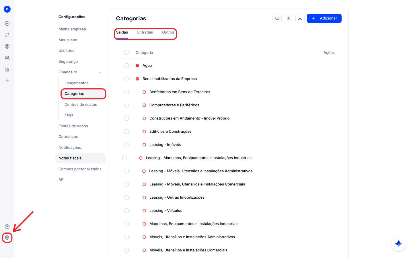 Tela Categorias com as abas Saídas, Entradas e Outros e a lista de categorias e subcategorias