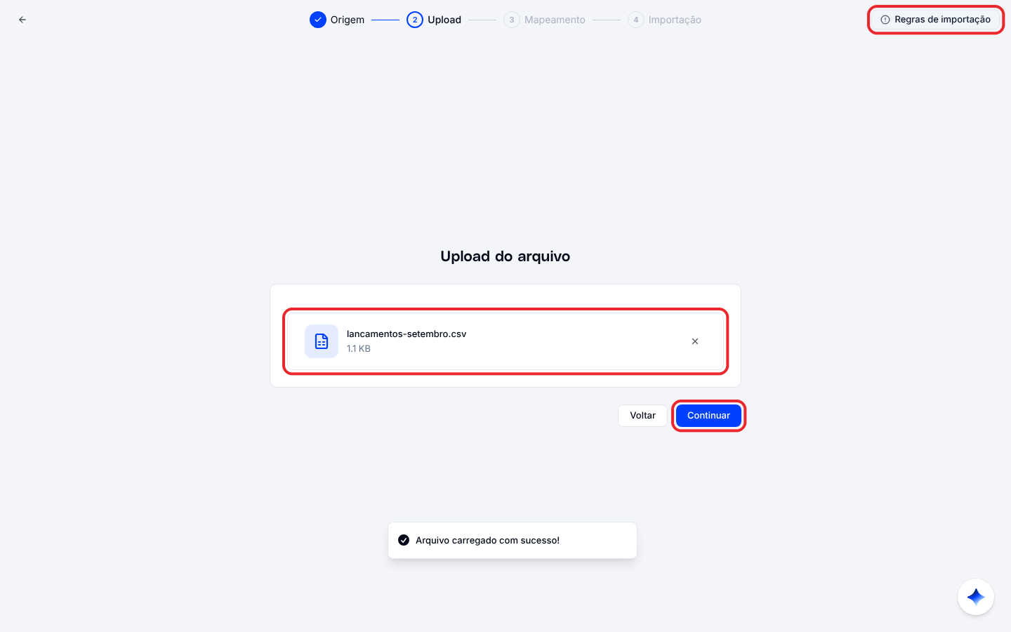 Passo Upload com o arquivo selecionado e os links do modelo